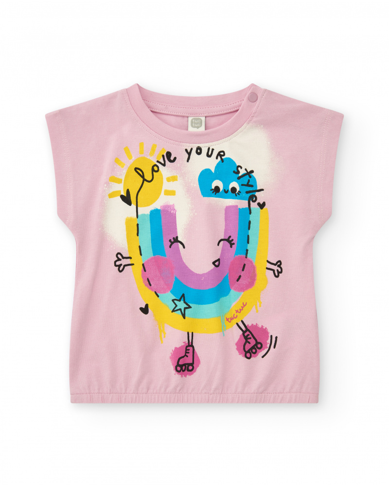T-shirt rose pour fille avec manches tombantes et taille élastique