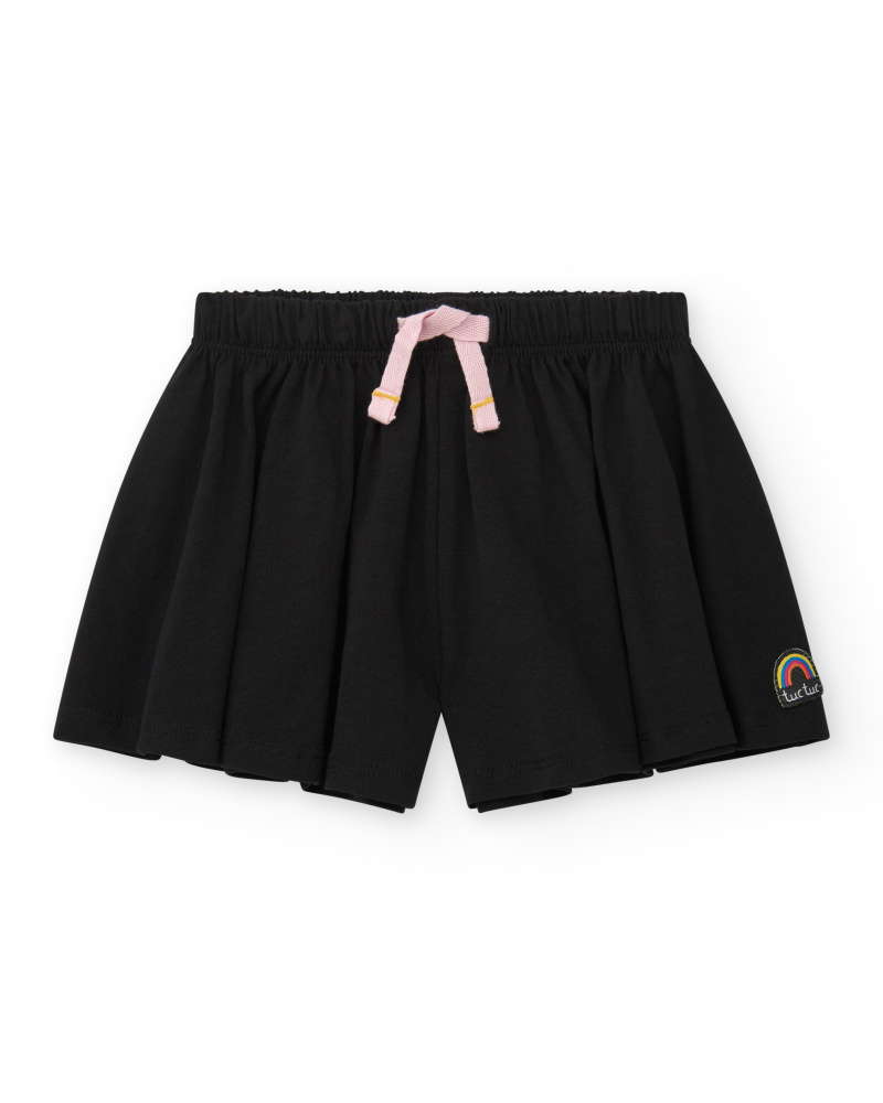 Short noir pour fille avec nœud rose et broderie arc-en-ciel