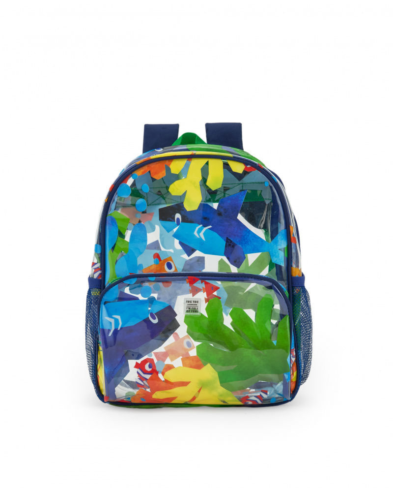 Sac à dos bleu pour garçon avec poissons et poche transparente