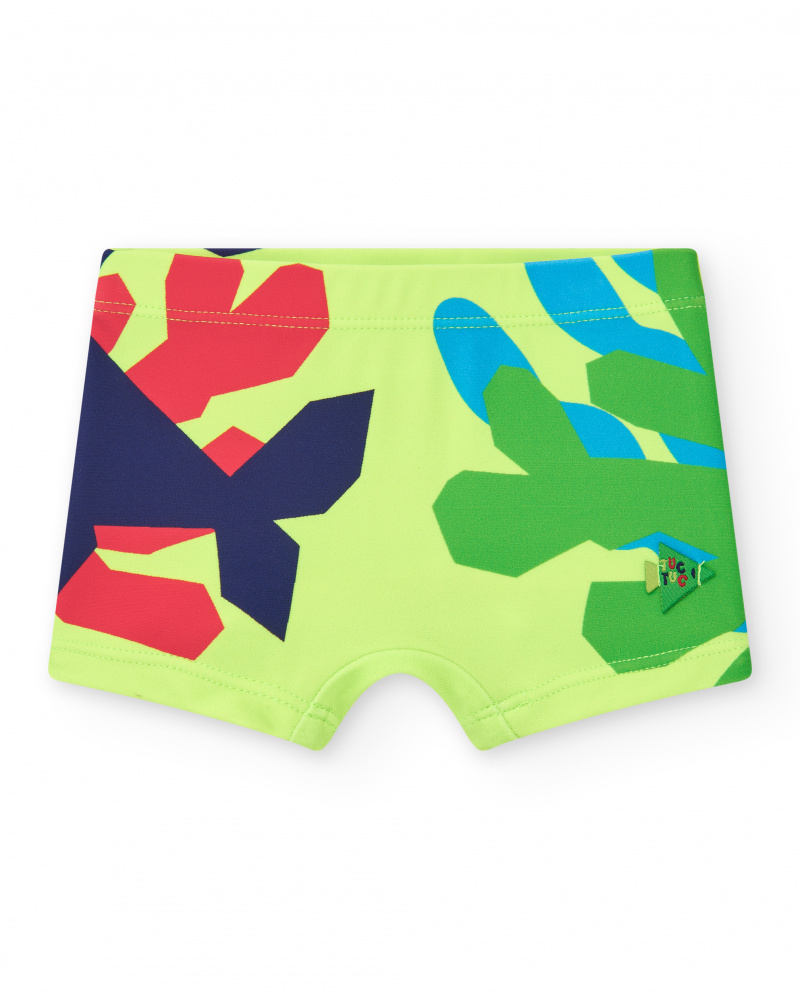 Boxer de bain vert pour garçon avec poissons rouges et bleus