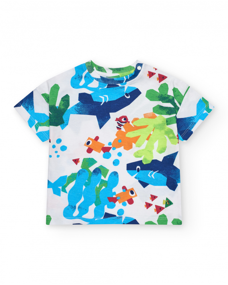 T-shirt blanc pour garçon avec poissons et plantes marines