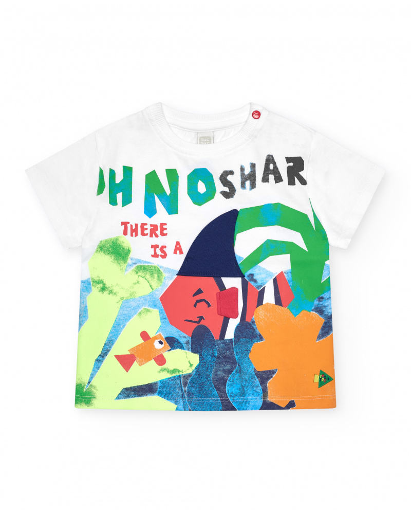 T-shirt blanc pour garçon avec phrase "OH NO SHARK"