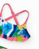 Bikini rose pour fille avec imprimé tropical et volants