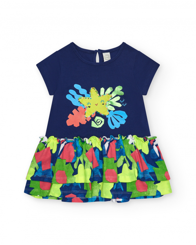 Robe bleue pour fille avec étoile jaune et jupe fleurie