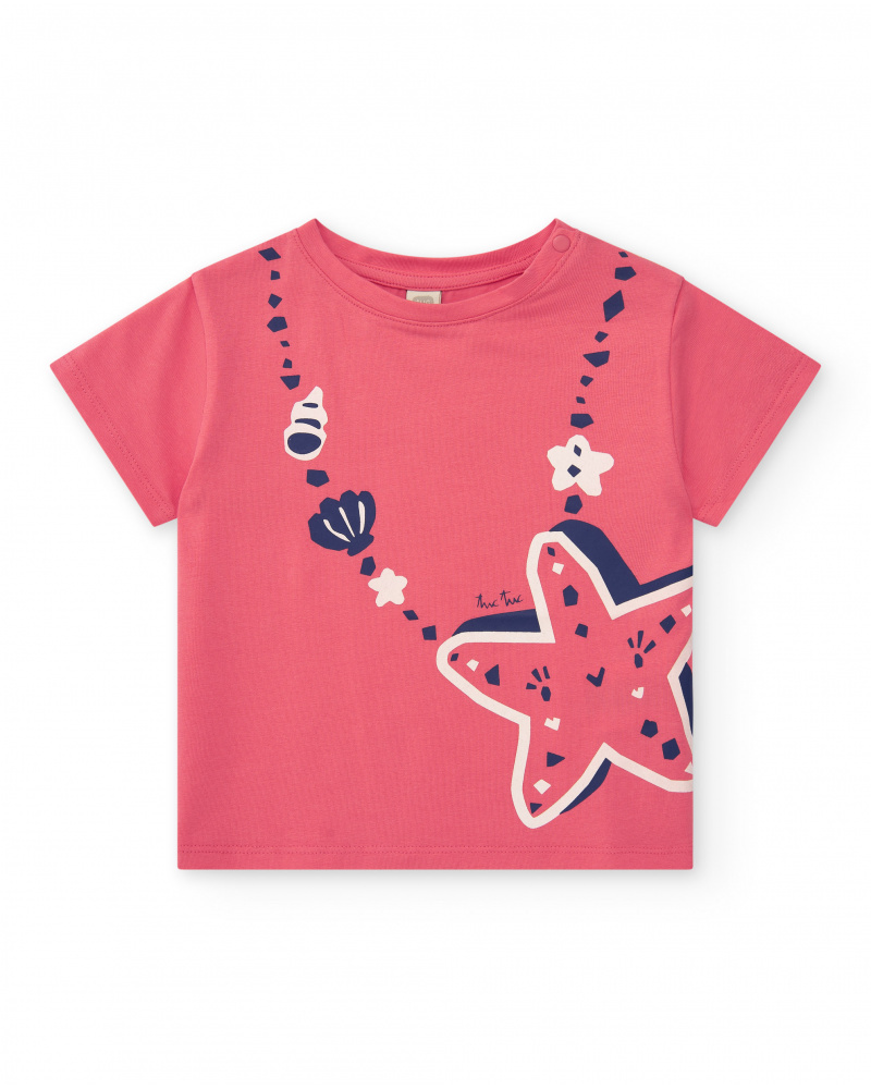 T-shirt rose pour fille avec étoile de mer et coquillages