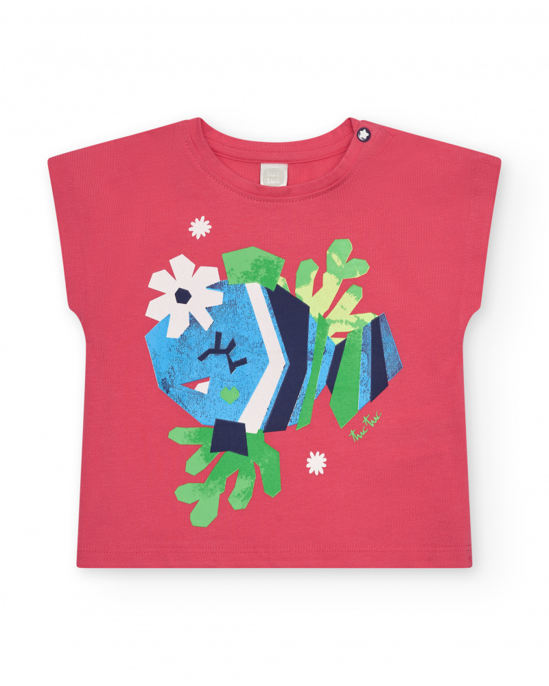 T-shirt rose pour fille avec poisson et détails marins