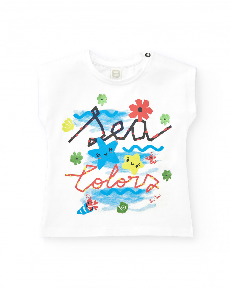 T-shirt blanc pour fille avec imprimé marin et phrase "Sea Colors"