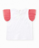 T-shirt blanc pour fille avec manches en tulle rose et fermeture arrière