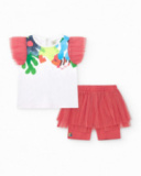 Ensemble pour fille avec t-shirt blanc à manches en tulle et legging rose avec jupe en tulle