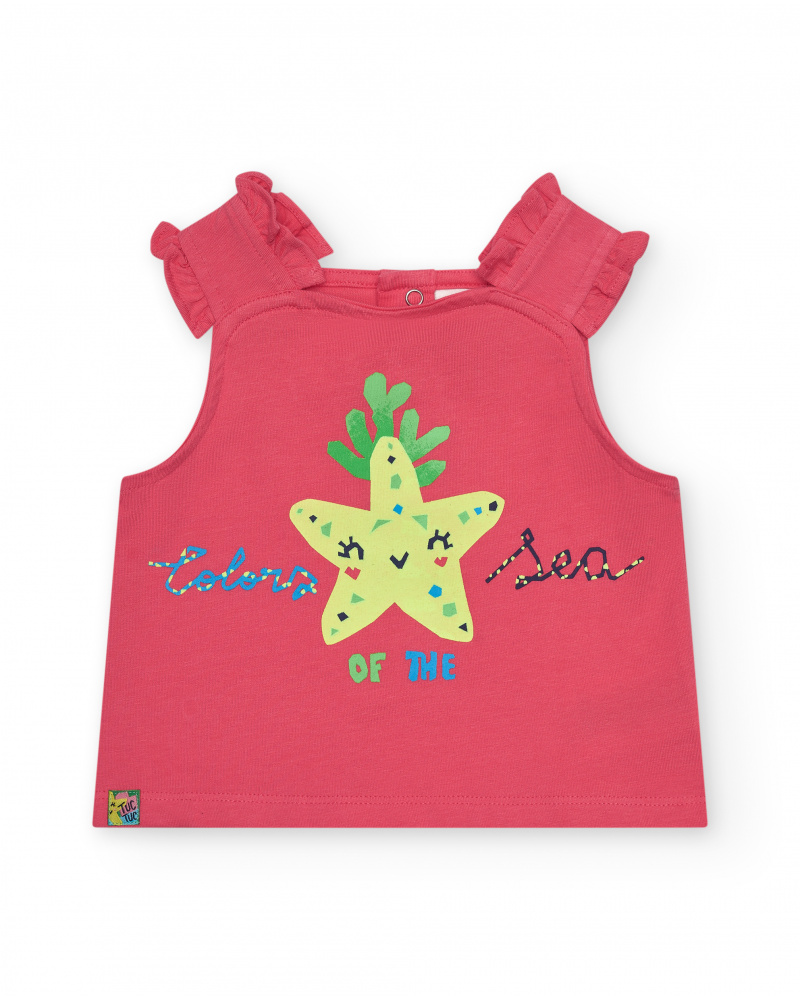 T-shirt sans manches rose pour fille avec volants et étoile de mer