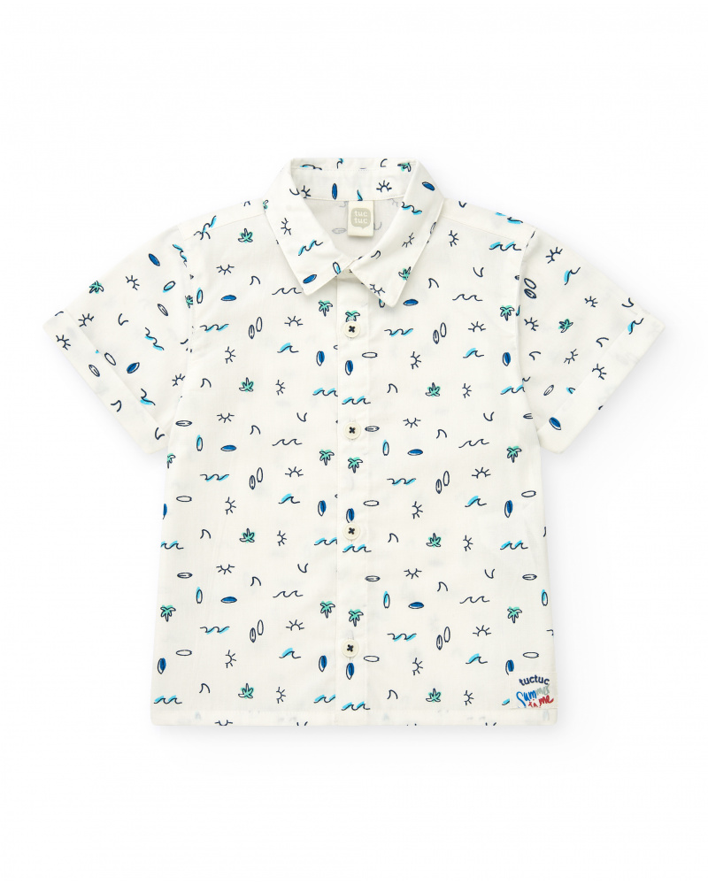 Chemise en toile blanche pour garçon avec imprimé tropical bleu et vert