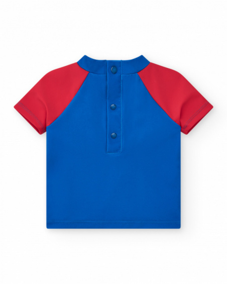 T-shirt de bain bleu pour garçon avec manches rouges et design de crabe