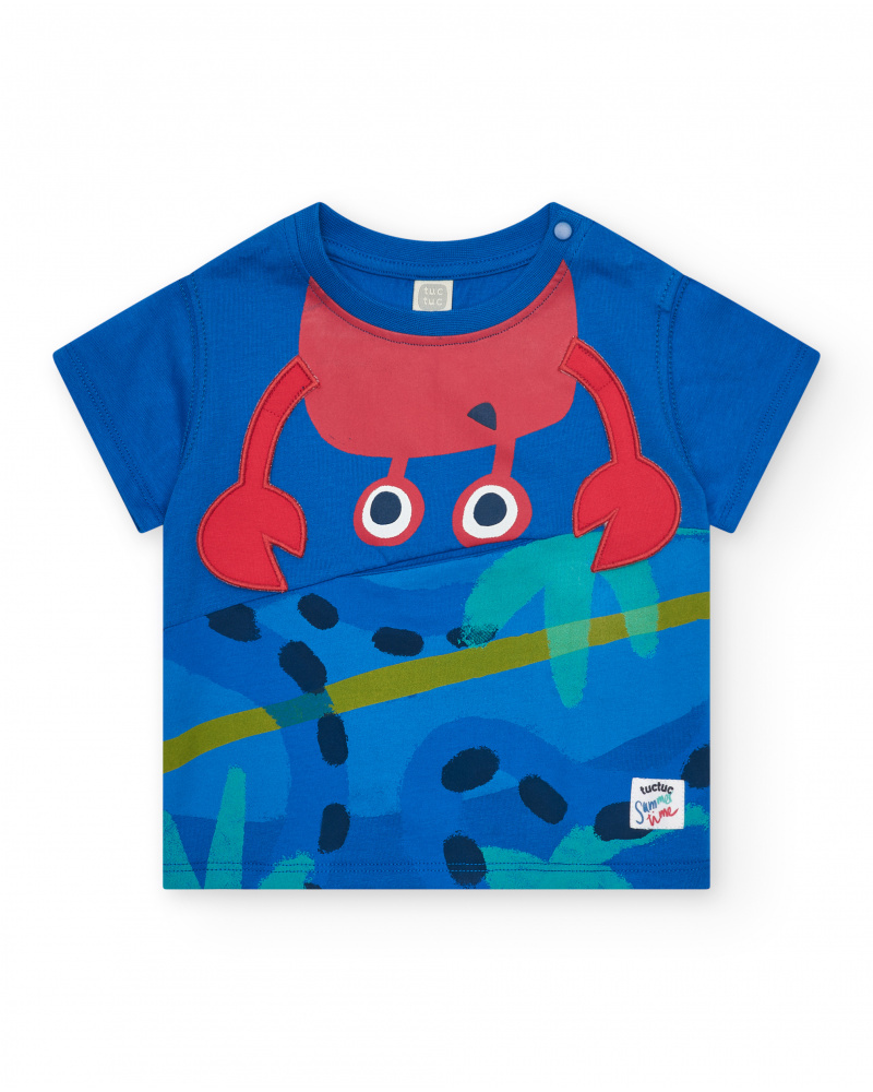 T-shirt bleu pour garçon avec imprimé de crabe et boutons à l’épaule