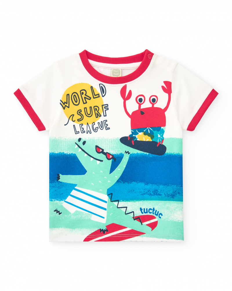 T-shirt blanc pour garçon avec bordures rouges et imprimé de crocodile