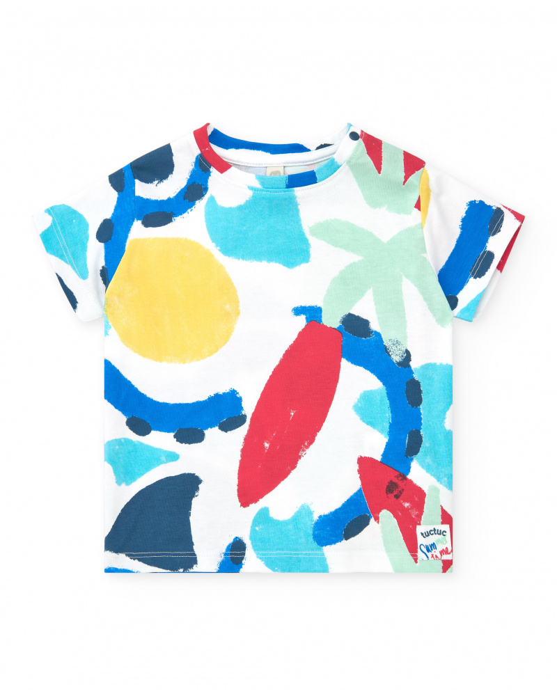 T-shirt blanc pour garçon avec imprimé estival et fermeture à l’épaule