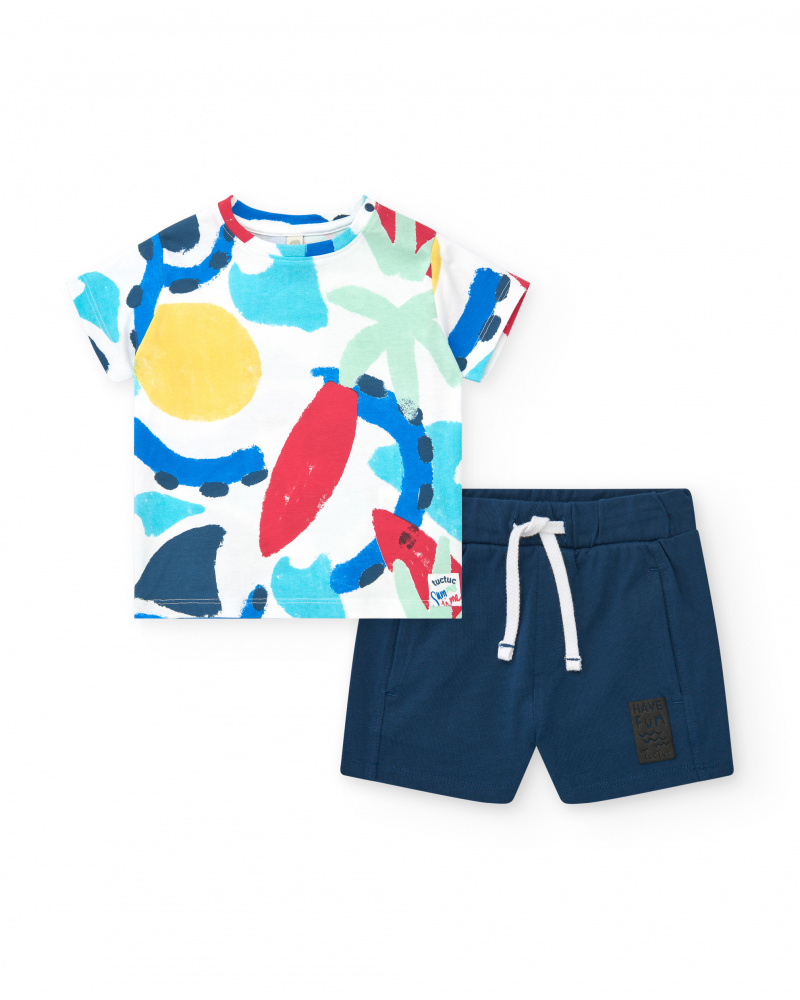 Ensemble pour garçon avec t-shirt imprimé et bermuda bleue ajustable