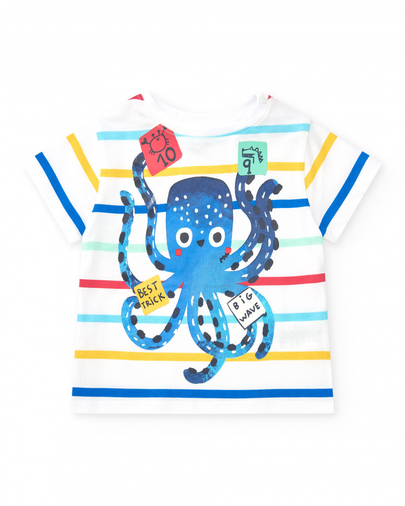 T-shirt blanc pour garçon avec rayures et imprimé de pieuvre