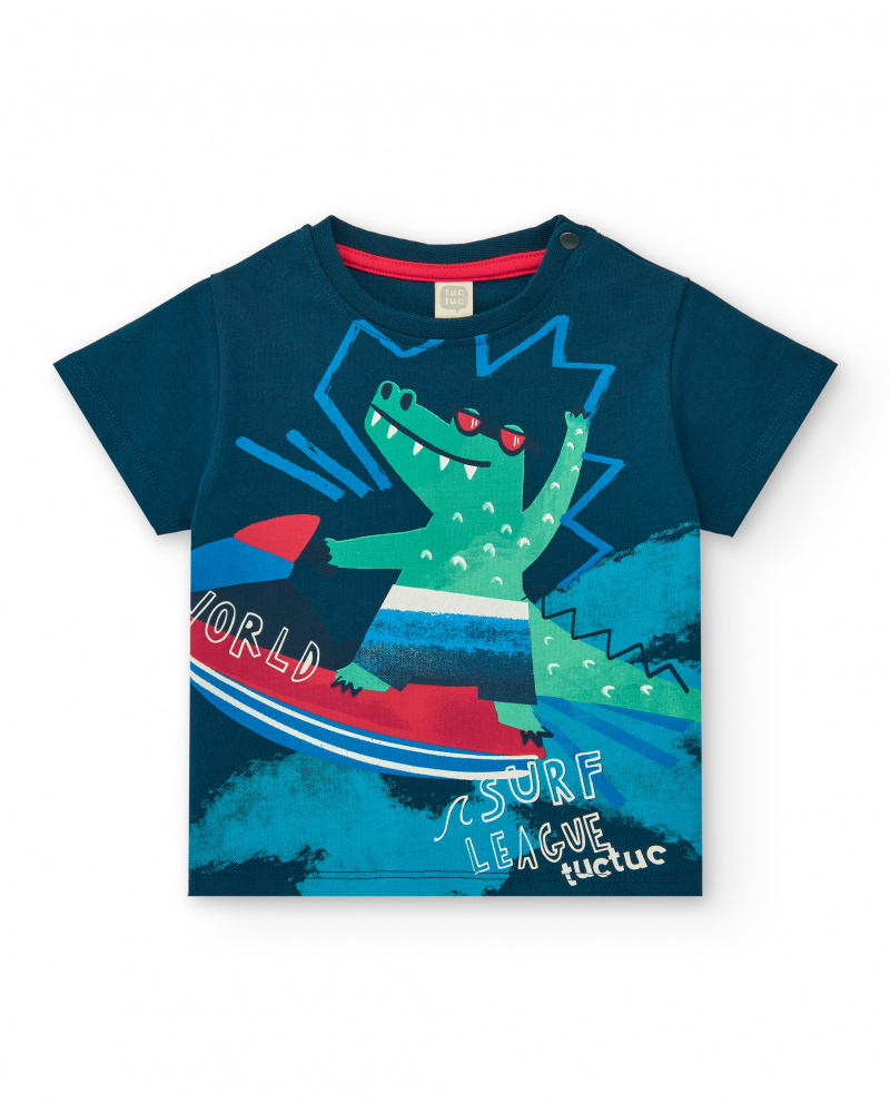 T-shirt bleu pour garçon avec crocodile surfeur et fermeture à l’épaule