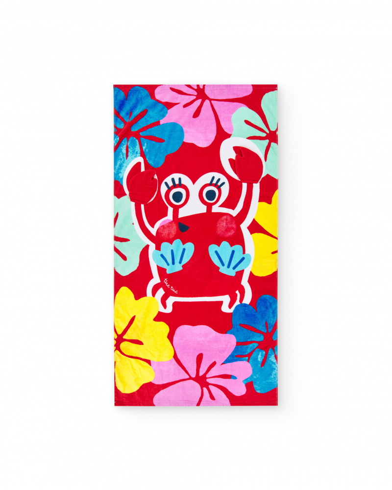 Serviette rouge pour fille avec crabe et fleurs