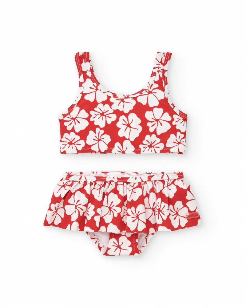 Bikini rouge pour fille avec imprimé floral et volant