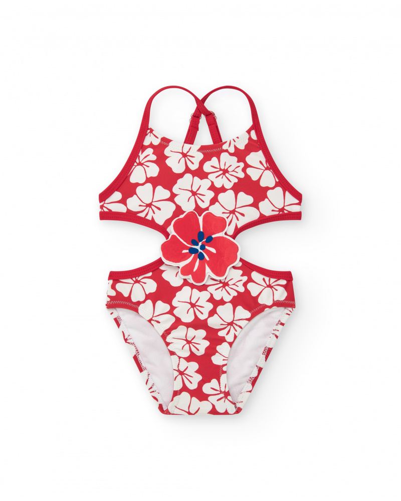 Trikini rouge pour fille avec imprimé floral et détails