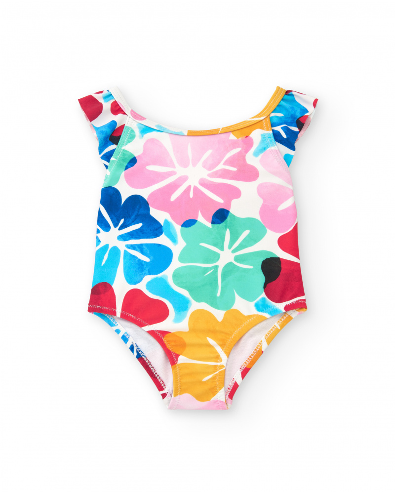 Maillot de bain blanc pour fille avec imprimé floral et volants