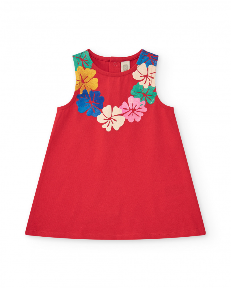 Robe sans manches rouge pour fille avec imprimé floral