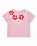 T-shirt rose pour fille avec imprimé floral et fermeture à l’épaule