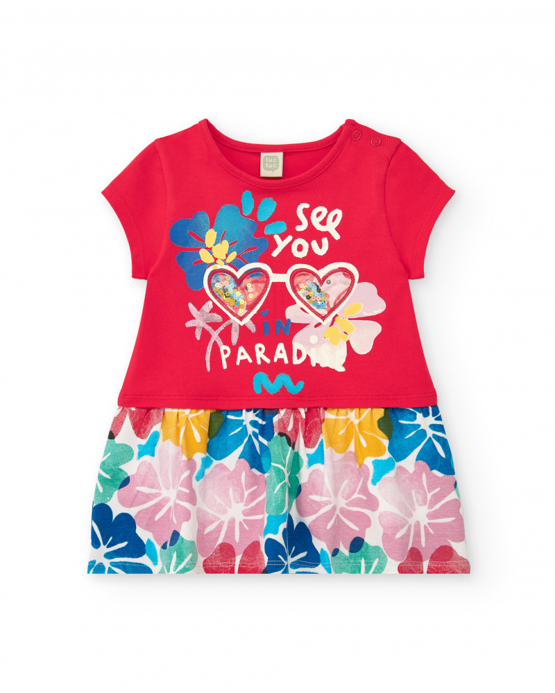 Robe rouge pour fille avec jupe fleurie et détails en sequins