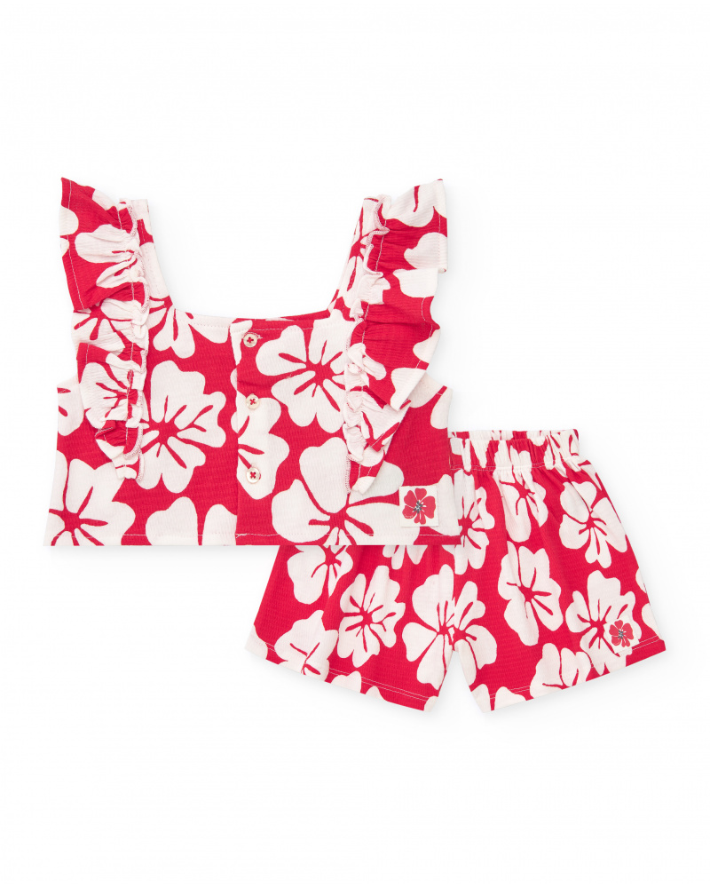 Ensemble pour fille avec t-shirt à volants et short fleuri rouge et blanc