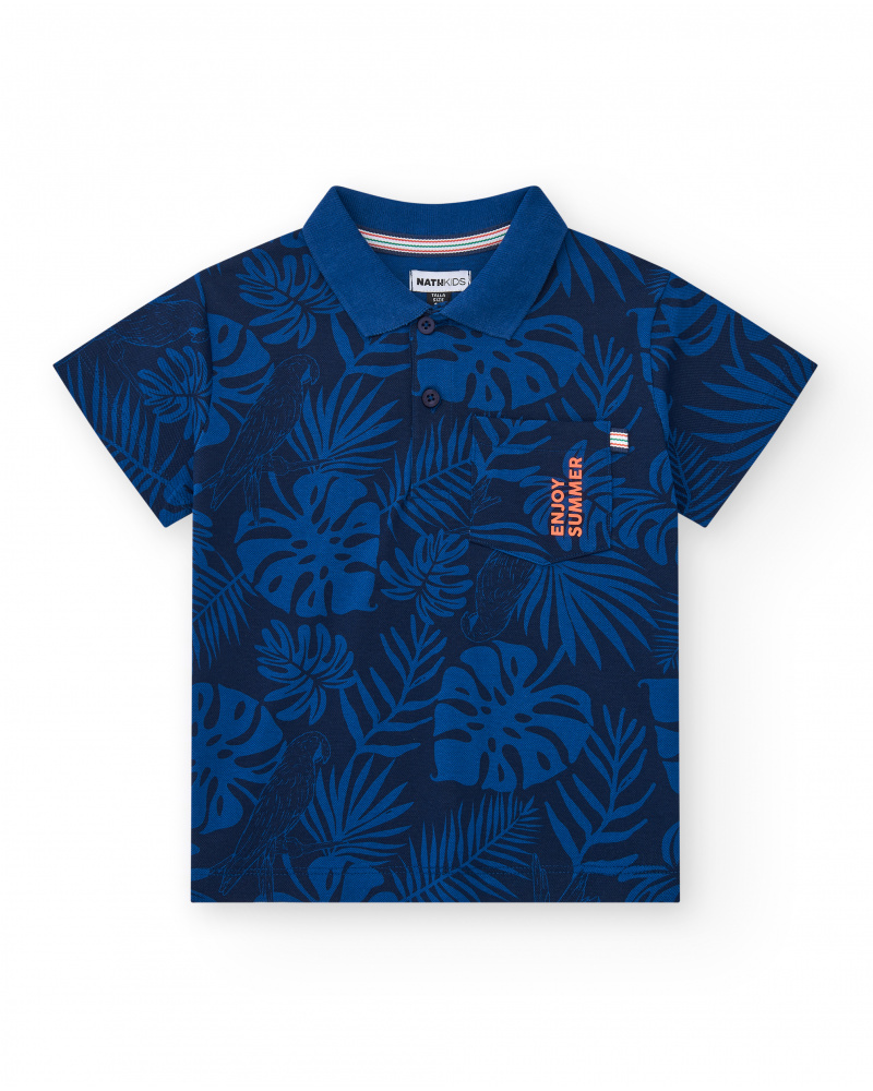 Polo pour garçon en bleu avec imprimé tropical et broderie.