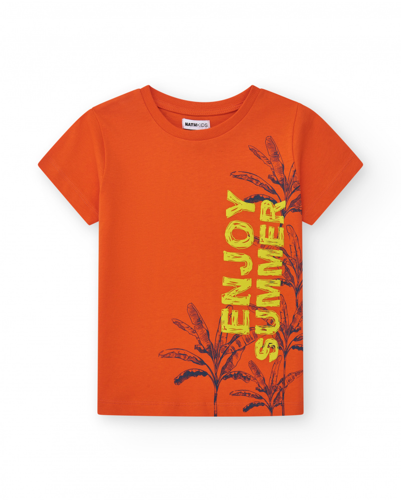 T-shirt pour garçon en orange avec imprimé de feuilles