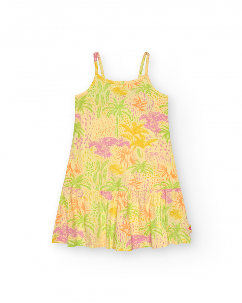 Vestido para niña en amarillo con tirantes y estampado tropical