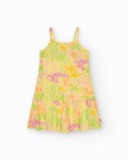 Vestido para niña en amarillo con tirantes y estampado tropical