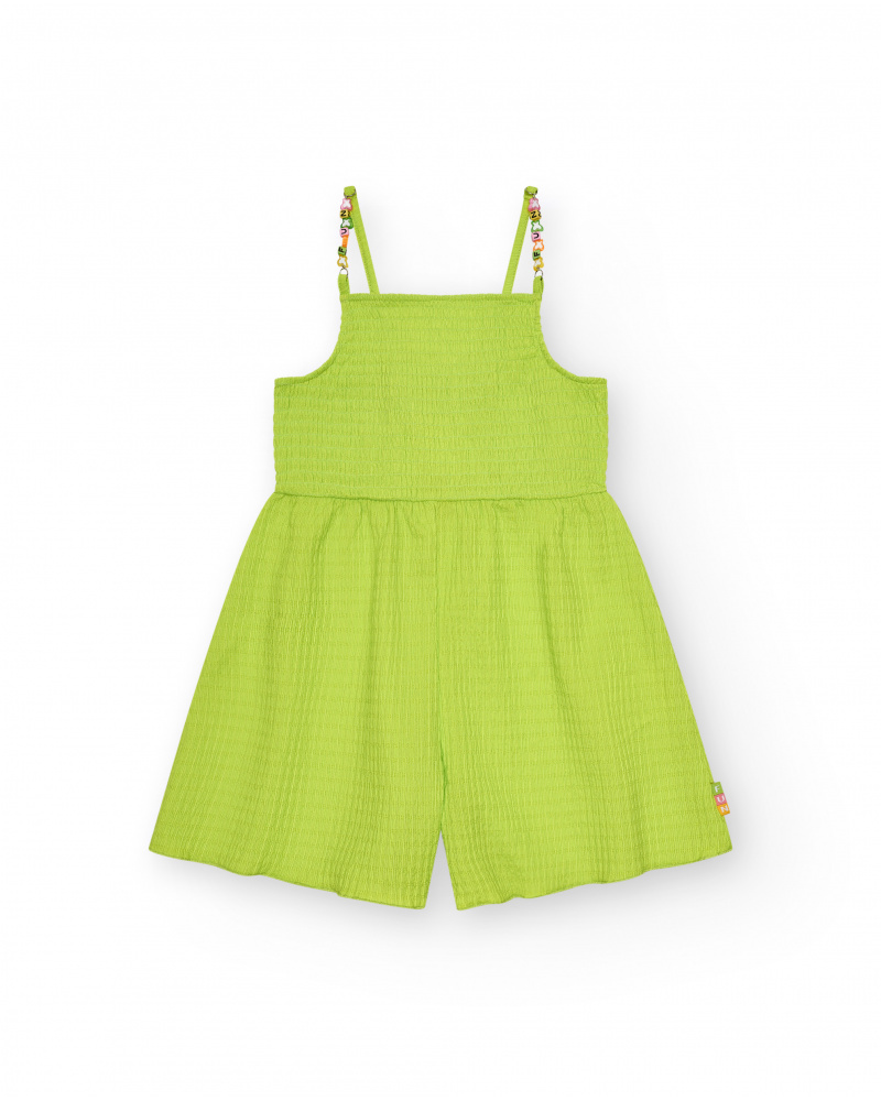 Mono para niña en verde con tirantes y detalles multicolor