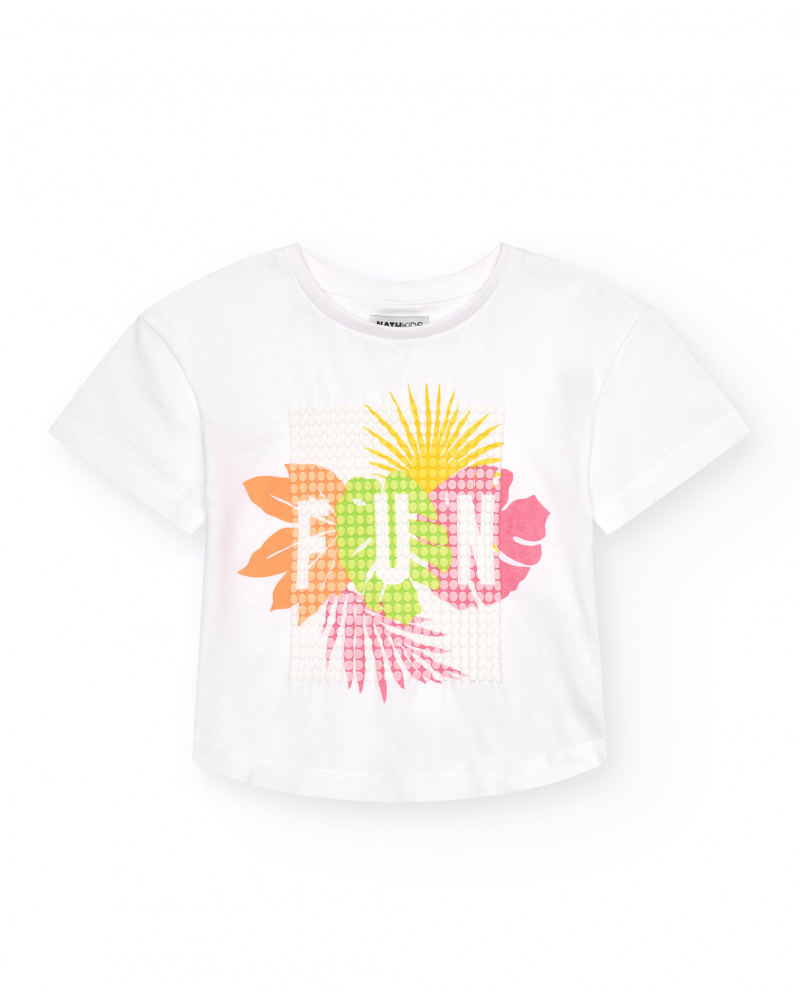 T-shirt pour fille en blanc avec imprimé tropical.