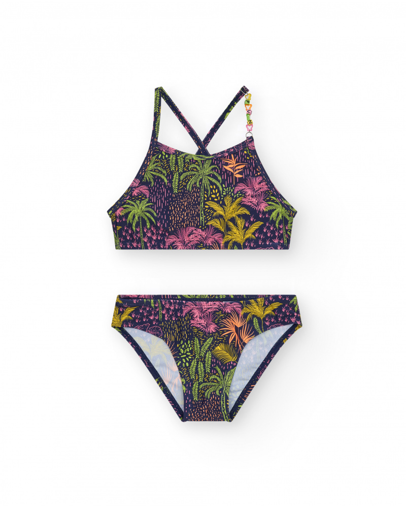 Bikini pour fille en bleu marine avec bretelles et imprimé tropical.