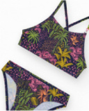 Bikini pour fille en bleu marine avec bretelles et imprimé tropical.