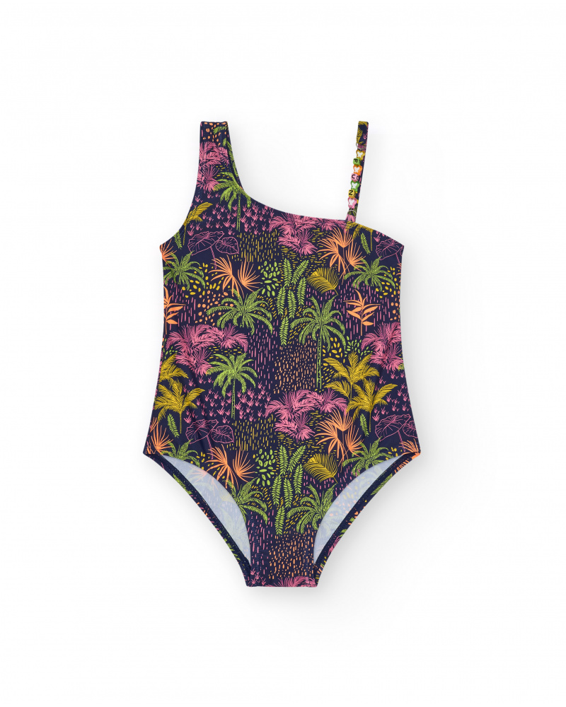 Maillot de bain pour fille en bleu marine avec design asymétrique et imprimé tropical.