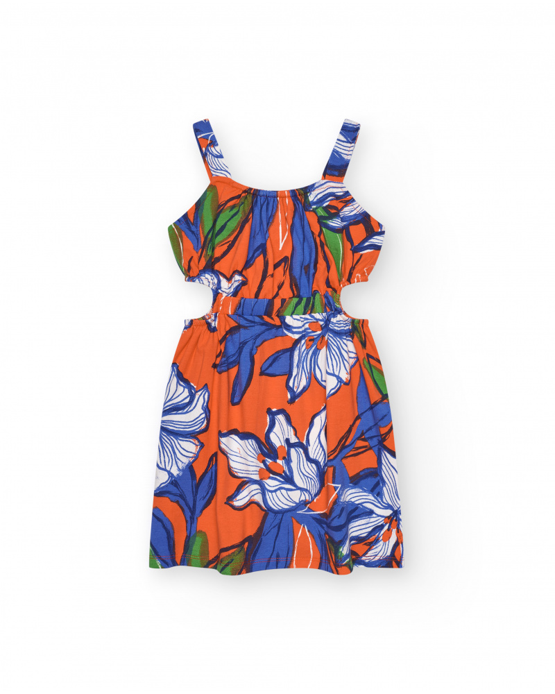 Robe pour fille en orange avec bretelles et imprimé floral.