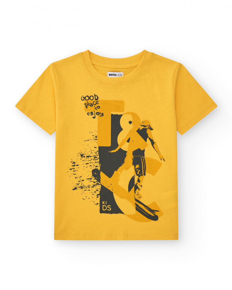 T-shirt pour garçon en jaune avec imprimé frontal.
