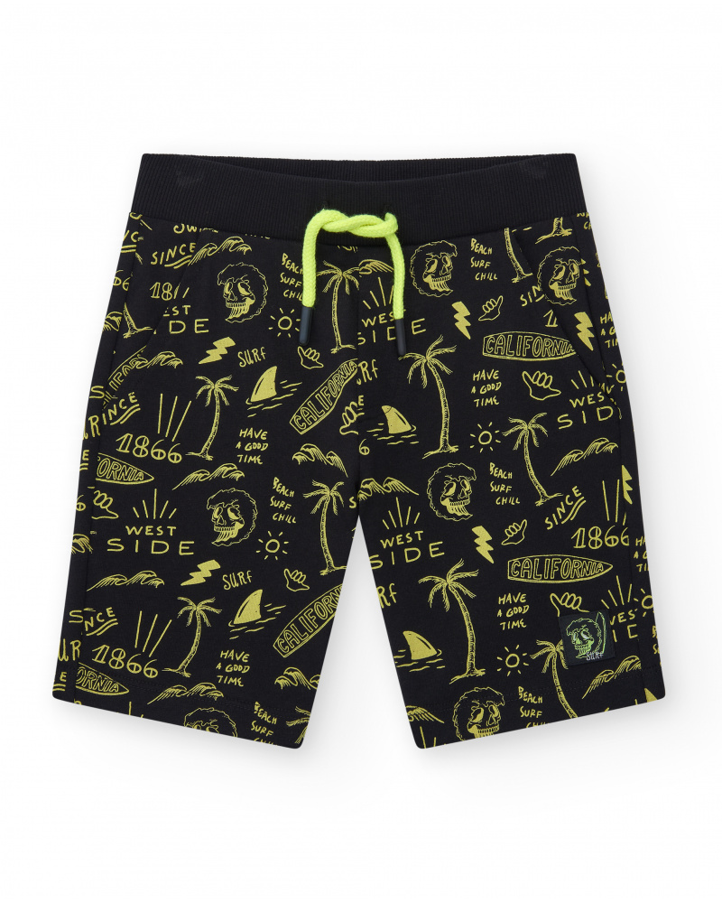 Bermudas pour garçon en noir avec taille élastique et imprimé.