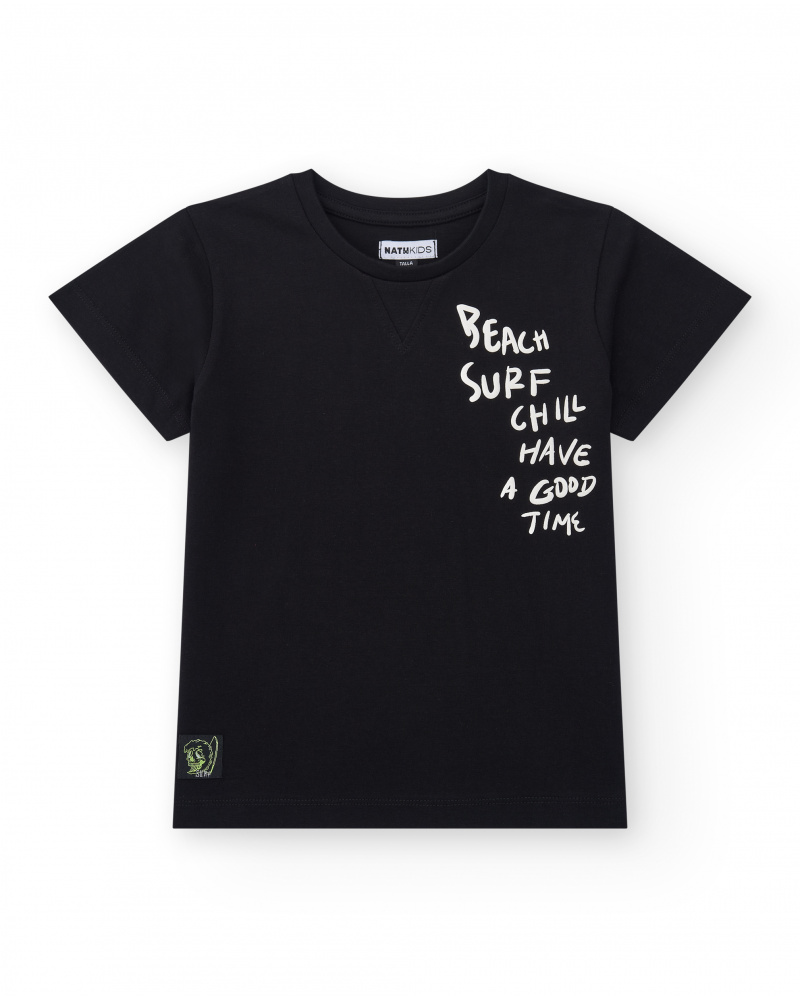 T-shirt pour garçon en noir avec imprimé blanc.