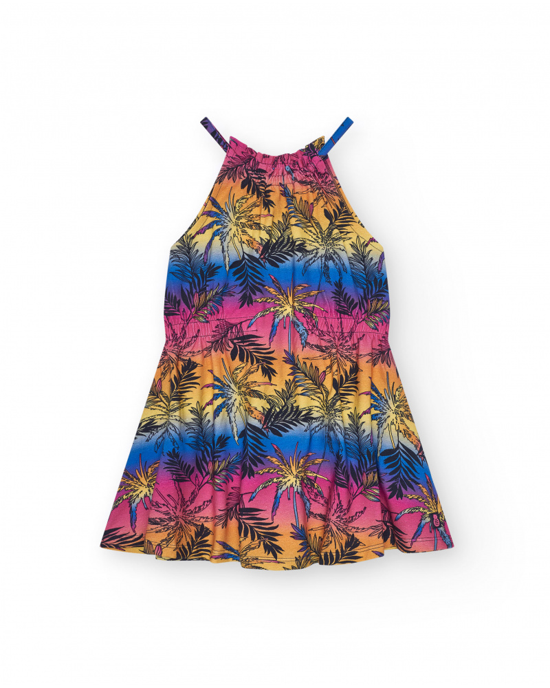 Robe multicolore pour fille décorée avec des palmiers.
