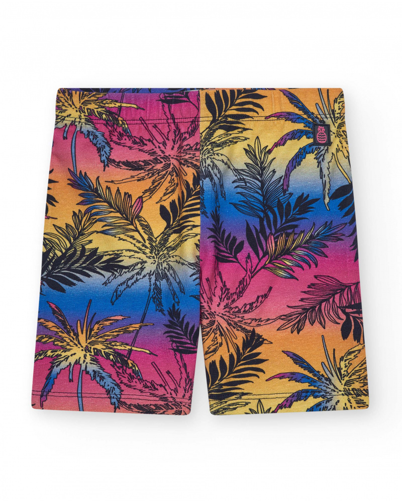 Legging cycliste pour fille avec imprimé tropical et taille élastique.