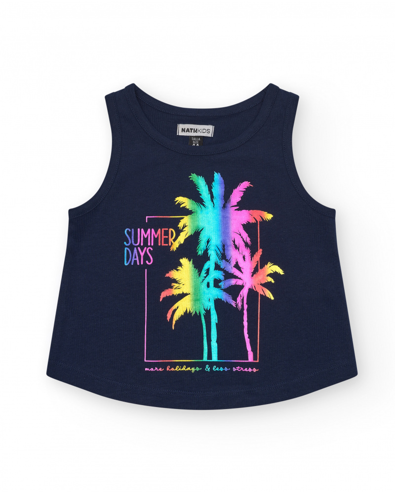 Top sans manches pour fille en bleu avec imprimé palmiers.