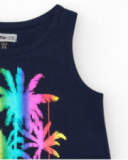 Top sans manches pour fille en bleu avec imprimé palmiers.