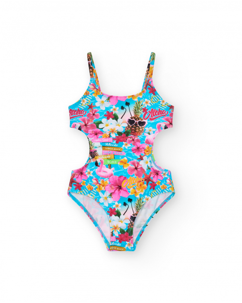 Bañador multicolor para niña con estampado tropical y tirantes