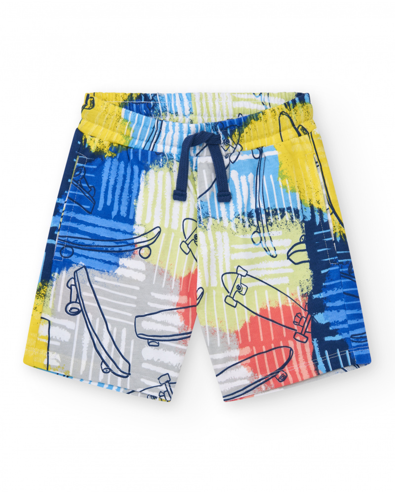 Bermudas pour garçon en bleu avec taille élastique et imprimé multicolore.