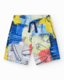 Bermudas pour garçon en bleu avec taille élastique et imprimé multicolore.